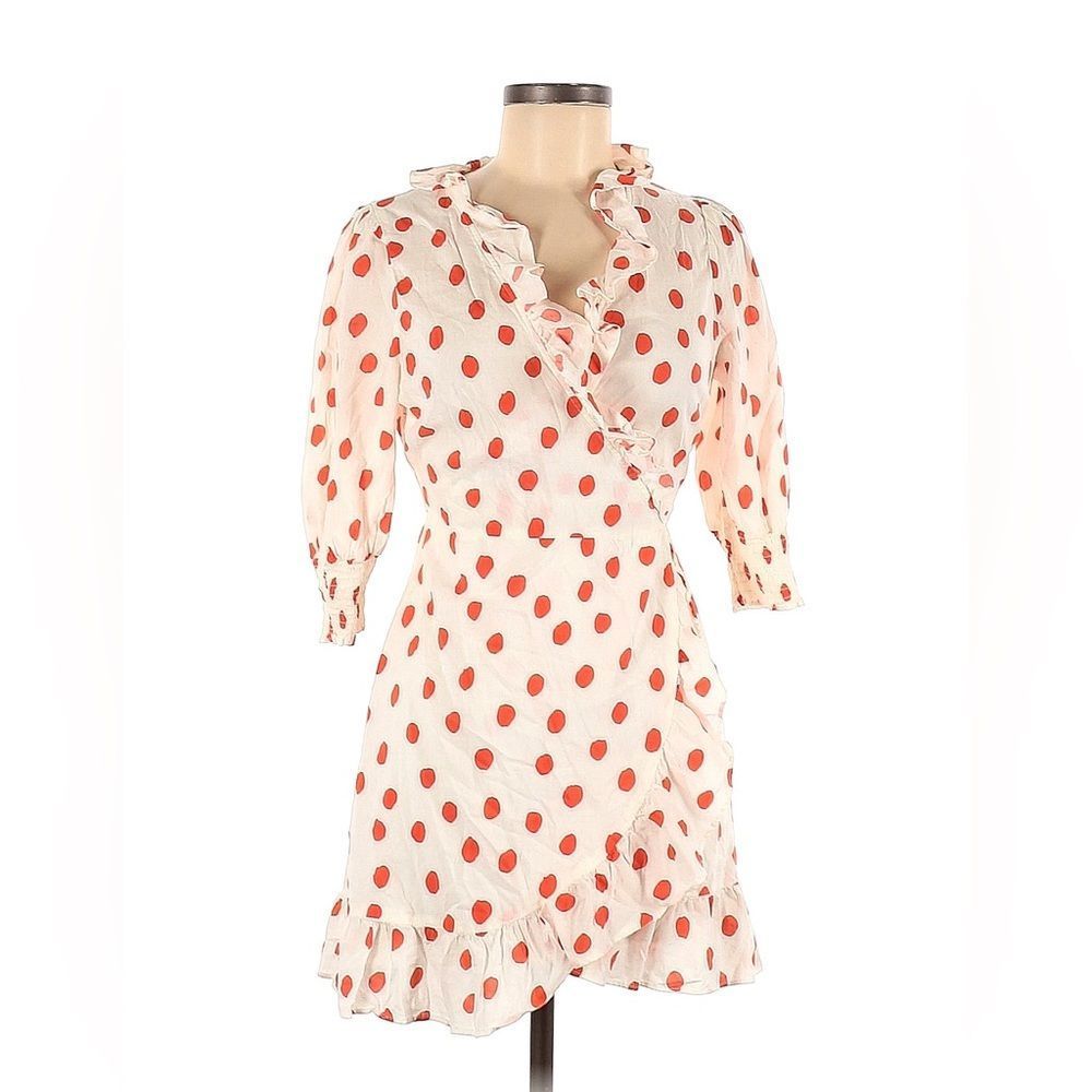 RIXO White & Coral Polka Dot Wrap Dress